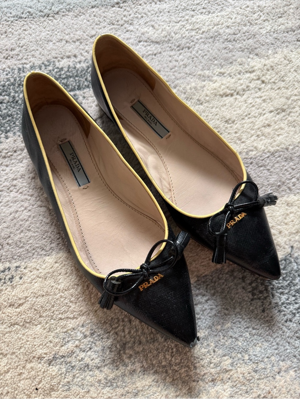 Prada Black Leather Pointed Ballet Flats with Cream Piping